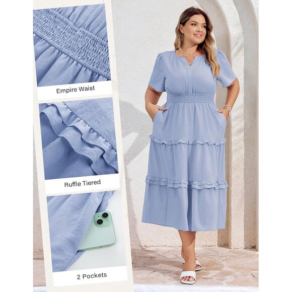 Women's Plus Size Summer Casual Dress V Neck Tiered Pockets Flowy - Picture 6 of 7